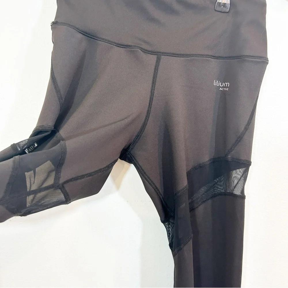 Lillium Active Black Leggings with Mesh Cutout Panels and Wide Waistband Gym